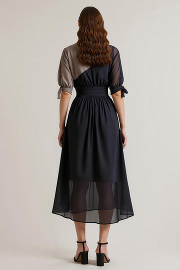 Black A Line V-Neck Long Work Dress